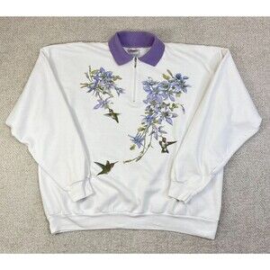 Vintage Hummingbird Sweatshirt 1/4 Zip Women's Size XXL 2XL White Purple Flower